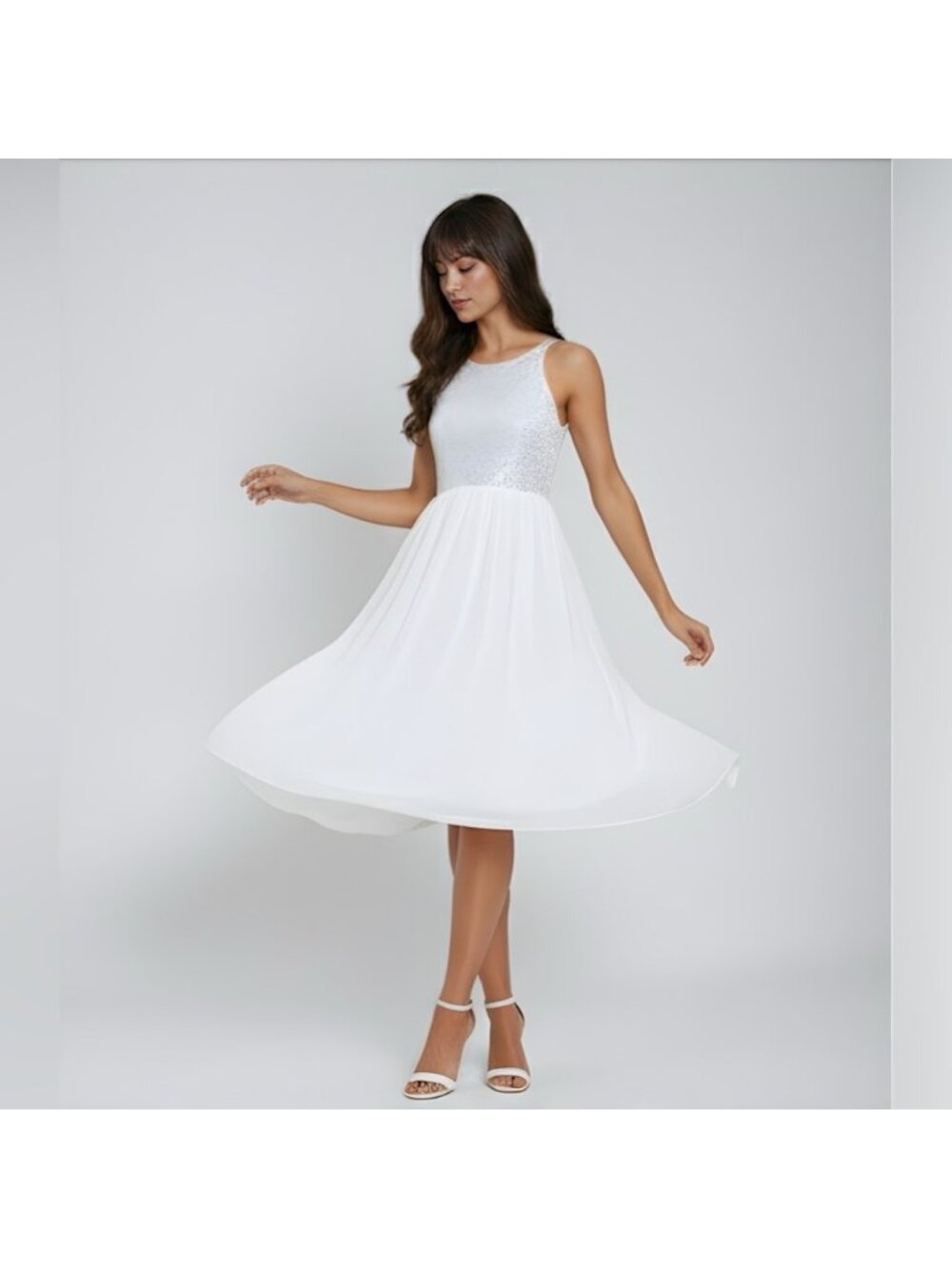 White French Contrast Sequin Chiffon Cami Dress - Picture 5 of 7
